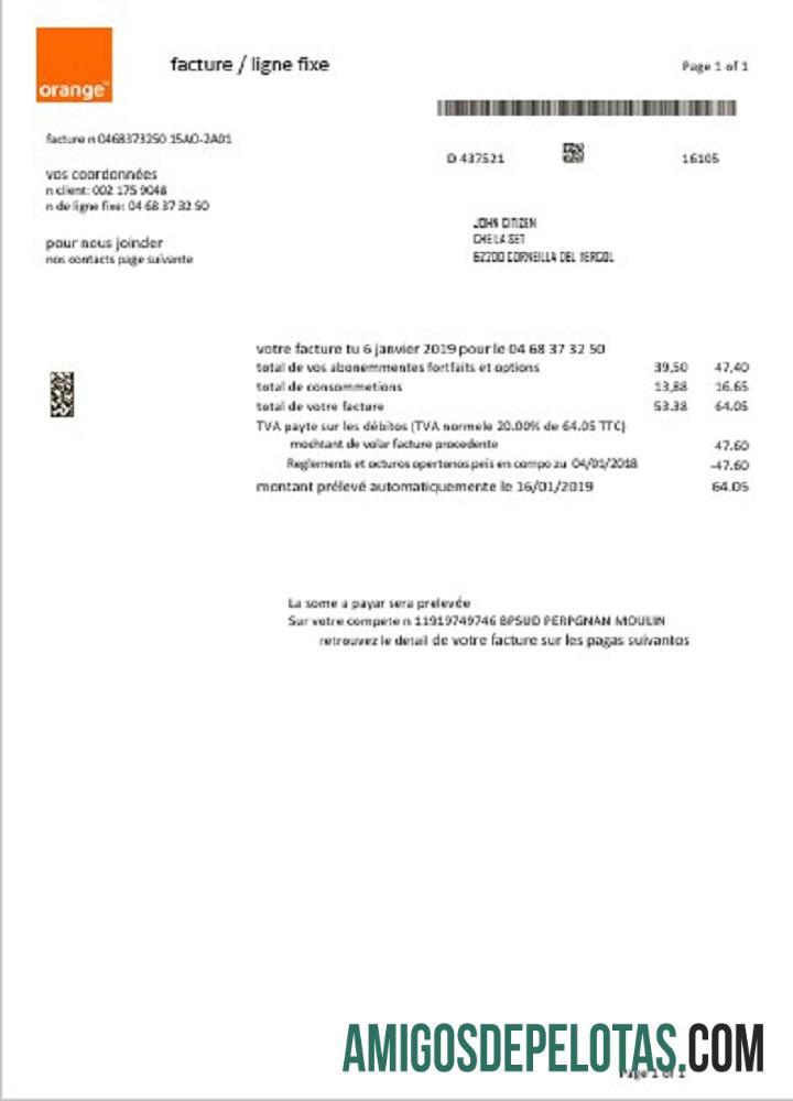 Conta de serviços públicos laranja da França amostra